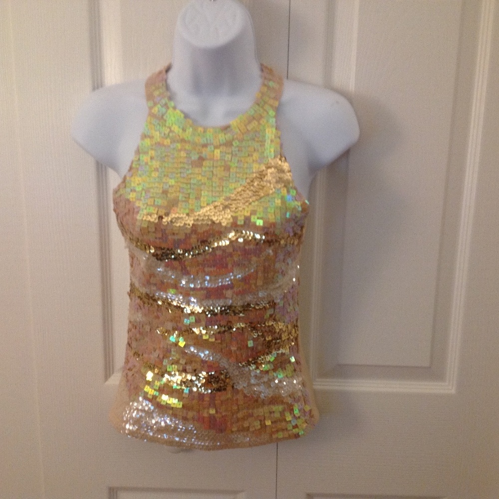 SOLD-Cache Vintage Medium Gold Sequin Neck Gold Pink Shimmer Tank Top Camisole